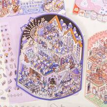 3 arkusze naklejek z miniaturowymi krajobrazami, seria bajek, urocze naklejki dekoracyjne 3D dla uczniów, 3 arkusze naklejek ze zwierzętami + 1 arkusz tektury ze sceną - Wielokolorowe - Zobacz 2