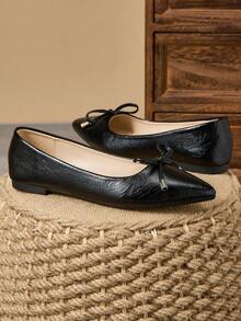 2025 Nuevos zapatos planos casuales y cómodos con lazo decorativo y punta francesa, disponibles en múltiples tallas - Negro - Ver 2
