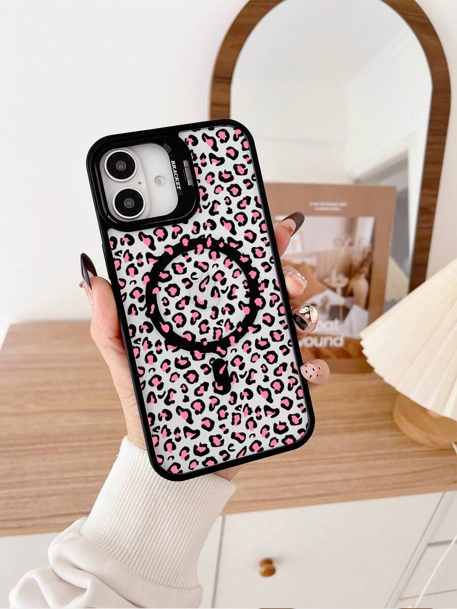 1pc Pink Leopard Print Metal Stand Phone Case, Compatible With Magnetic Charging, Comes With A Lens Protector And Adjustable Stand, Suitable For IPhone 16 Pro Max Phone Case/16E/15/14/13/12/11/Pro/Pro Max/Plus Phone Case - 黑色FS8221 - 查看 1