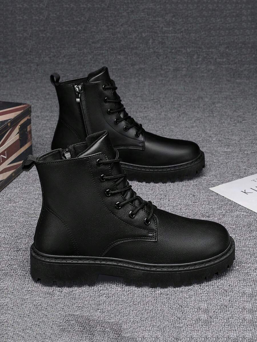 男士秋季皮靴，防水高帮黑色皮鞋，复古休闲英伦风登山工作靴 - 黑色 - 查看 1