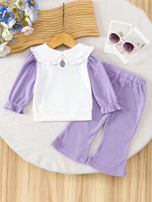 2-częściowy dziewczęcy, swobodny top z materiału waflowego z kołnierzykiem w kwiaty, z długim rękawem i jednokolorowymi spodniami dzwonami, wiosna/jesień