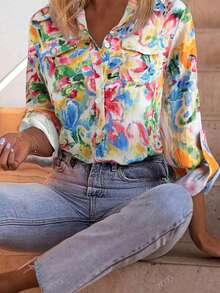 女士彩色扎染渐变撞色长袖休闲衬衫，人造丝尼龙印花面料，纽扣长袖休闲衬衫，有口袋，长袖上衣，适合日常通勤，休闲度假穿着，适合秋冬季旅行