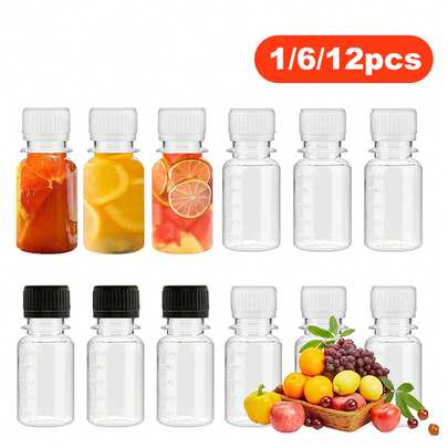 1/6/12 piezas Pequeñas botellas de chupito de jengibre, Botella de mini jugo de 2 oz con tapa de rosca blanca, Recipiente de bebida a prueba de fugas, reutilizable, Frascos de chupito transparentes con escala para líquidos, jugo, mermelada
