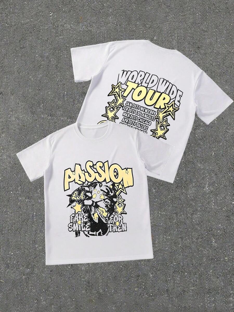 Men's Letter & Star Graphic Loose Round Neck Short Sleeve T-Shirt, World Tour T-Shirt-Premium Cotton Graphic Printed Round Neck T-Shirts - 淡黃色 - 查看 1
