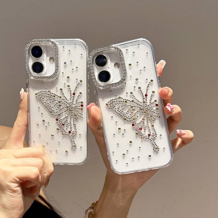 Butterfly 1pc Transparent TPU Anti-Drop Phone Case, Single Electroplated Silver Lens Frame Protective Cover, DIY Rhinestone Bow Pattern Phone Case, Luxury Rhinestone Suitable As Gift For Loved Ones, Compatible With IPhone 16 Pro Max, 15 Plus, 14 Pro, 13, 12 Pro, 11