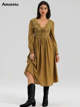 Elegant Boho Women's Long Dress With Lace And Bow Details Flared Hem Bishop Long Sleeve Woven Fabric A Line For Fall