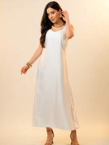 Italian Style Boat Neck Sleeveless Fitted Dress For Women - White - View 5