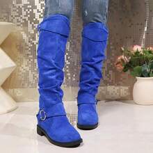 Women's Pointed Toe Chunky Heel Over The Knee Boots, Ladies Leather High Boots With Side Zipper For Autumn And Winter, Sexy Classic Knee High Boots In Black - 藍色 - 查看 1