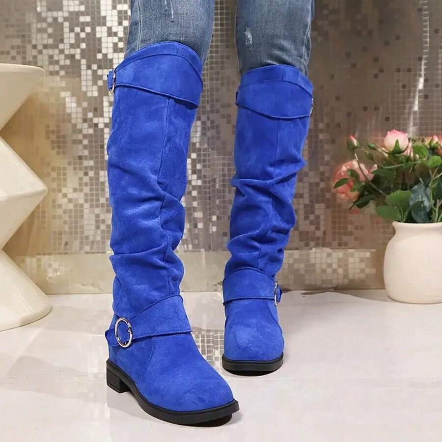 Women's Pointed Toe Chunky Heel Over The Knee Boots, Ladies Leather High Boots With Side Zipper For Autumn And Winter, Sexy Classic Knee High Boots In Black - 藍色 - 查看 1