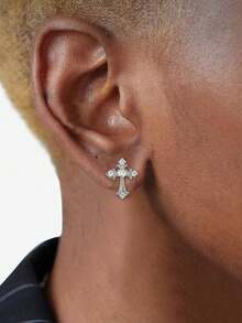1 Cặp bông tai đinh chữ thập cho nam, Phụ kiện trang trí pha lê tối giản phong cách Gothic đa năng, thích hợp cho trang phục hàng ngày, tiệc tùng và lễ hội của nam giới - Bạc - Xem 2