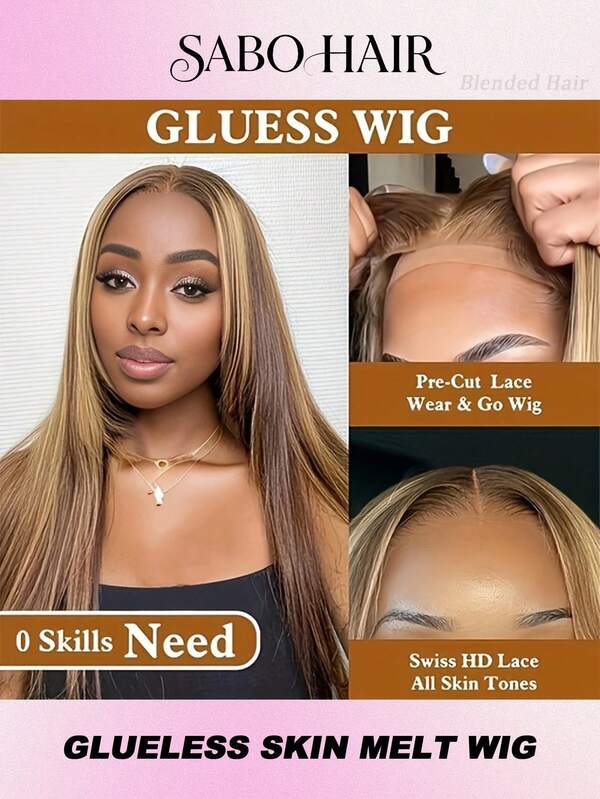 Glueless Hair Wigs Human Blended Hair Pre Plucked Pre Cut Highlight Straight 4/27 Lace Front Wigs For Women Honey Blonde 5X5 Wear And Go Glueless Wigs Colored Hair 26Inch