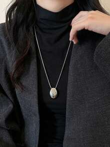 1pc Water Drop Necklace For Women, Simple Daily Commute Versatile Collarbone Chain, Light Luxury Design Sweater Chain, Oval Pendant Long Necklace, Non-Fading Sweater Chain For Women - Silver - View 5