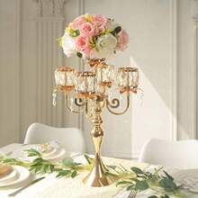 1pc/2pc Gold 5 Arm Pendant Square Crystal Table Decor 22 Inch Candle Holder, Classic And Elegant Table Centerpiece Atmosphere Candle Holders For Gift Wedding Party Home Decor,Halloween, Christmas Decorations - Gold - View 3