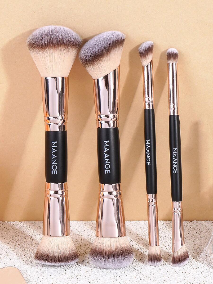 MAANGE 4支装专业双头化妆刷套装，包含1个天鹅绒收纳袋，包括散粉刷、腮红刷、粉底刷、修容刷、眼影刷、眉刷、眼线刷和晕染刷。刷毛柔软，便携易用，是旅行化妆的理想之选。送给女性和女孩的绝佳礼物。赠品、专业化妆刷、全套化妆刷套装