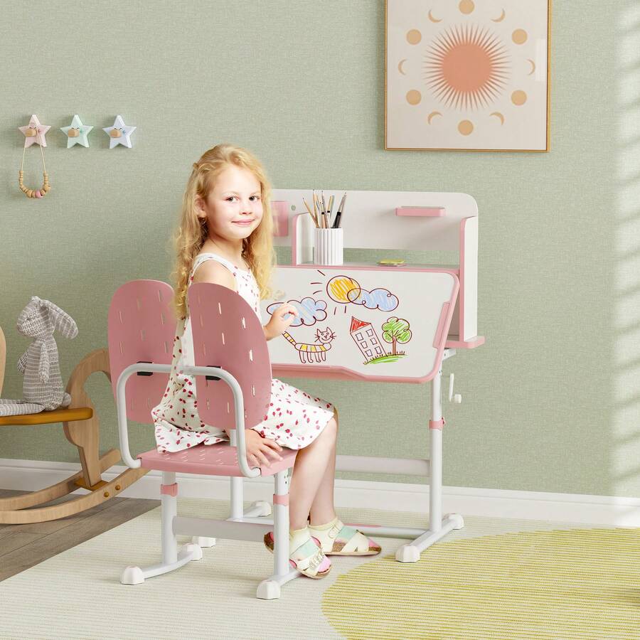 AIYAPLAY Kids Desk And Chair Set, Height Adjustable Children School Study Desk, Student Writing Desk With Tiltable Desktop Drawer, Pen Slot, Reading Rack For Ages 3-13 Years, Pink - Berwarna merah muda - View 1