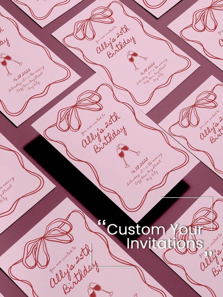 定制彩色蝴蝶结邀请卡，适用于派对、婚礼、生日和特殊活动，1张/5张/10张/20张套装，附赠蝴蝶结信封，是情侣和庆祝活动的完美之选。 - 酒杯款 - 查看 1