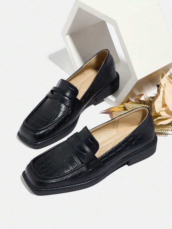 Women's Retro 2025 Autumn/Winter New British Style Leather Loafers, Black Square Toe Mid-Heel Versatile Soft Bottom Slip-On Shoes For All Body Types