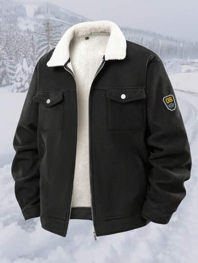 Jaqueta de Veludo Masculina, Outono/Inverno, Gola Lapela, Grossa, Forro de Lã de Cordeiro Retrô, Casaco de Algodão Solto