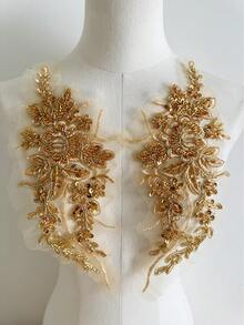 1 Pair Of 3D Floral Lace Applique Embroidery Flowers Sewn Onto Embroidery Patches, Used For DIY (Gold) Body Craftsmanship Of Wedding Bridal Dresses, Formal Attire, And Clothing - Yellow - View 7