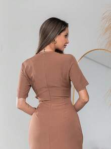 Long Dress With Short Sleeves With Belt Formal And Evening V775 - Marrón Mocha - Ver 4