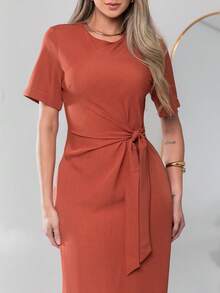 Long Dress With Short Sleeves With Belt Formal And Evening V775 - Burnt Orange - View 5