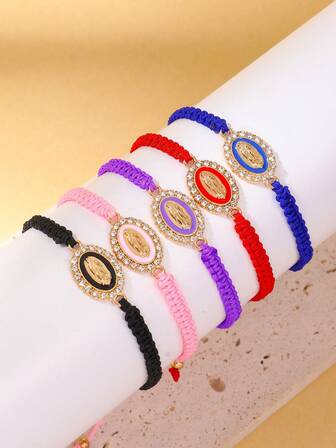5pcs/Set Virgin Mary Woven Bracelet, Inlaid With Artificial Crystal, Daily Matching, Give To Friends