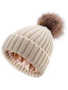 Women Winter Beanie Hat Satin Lined Faux Fur Pom Pom Beanies Hat For Women Winter Warm Knit Hats - A - View 20