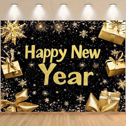 1 Piece Premium New Year Flag - Black & Gold Party Backdrop With Snowflakes & Gift Decorations, Suitable For Christmas Party, New Year Event, Theme Party, Wedding, Birthday, Anniversary, Family Party, Studio Props, Holiday Photography, Indoor And Outdoor Decorations