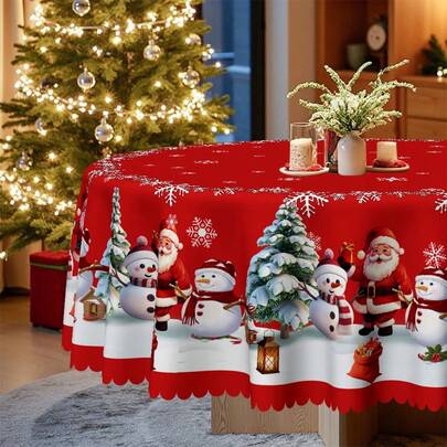 1 块圣诞桌布 - 以雪人、圣诞老人、圣诞树和雪景设计为特色，搭配雪花装饰 - 涤纶面料 - 适合矩形、圆形、餐桌 - 派对、家居、餐厅冬季装饰 - 易于清洁的节日装饰
