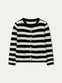 FOR BEAUTY Autumn And Winter New Cardigan, Simple And Casual Style, Round Neck Long Sleeved Black And White Stripes With Metal Buttons, Style Knitted Casual Commuting Style That Is Versatile And Fashionable. Top - 黑與白 - 查看 3