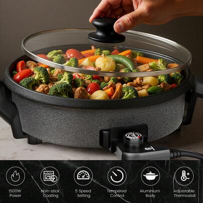 SUPERLEX Electric Hot Pot Cooker 1500W, Multi Meal Cooker, Non-Stick Coating, 5-Speeds,Pizza Cooker, Adjustable Temperature Control For Stewing, Stewing, Fry, Stew