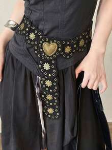 1 件加大码 XXL 波西米亚心形装饰腰带，西式心形铆钉腰带，Y2K 朋克镂空铆钉拼接腰带，适合派对、节日秋季、万圣节