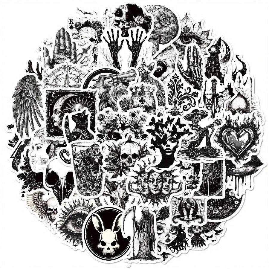 50pcs Gothic Punk Style Waterproof Stickers In Black & White - Durable, Reusable Vinyl Decals With Intricate Skulls, Roses, Cats & More For Laptops, Helmets, Mugs & DIY Projects, Skull Stickers For Vehicles Waterproof