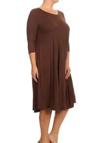 Plus Size Casual 3/4 Sleeves Basic A-Line Pleated Solid Midi Dress  Wedding - Brown - View 3