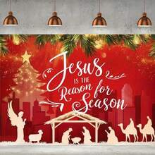 Peinture décorative religieuse de Noël, présentant la scène de la Nativité, l'arbre de Noël et la ville, interprétant "Jésus est la raison de la saison", exprimant pleinement le sentiment religieux des fêtes, transmettant la foi du festival, convenant pour l'arbre de Noël, l'atmosphère des fêtes.