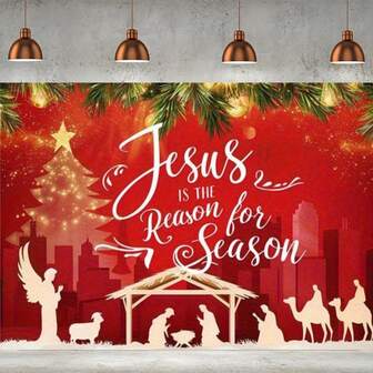 圣诞节宗教装饰画，呈现耶稣诞生场景、圣诞树和城市，诠释“耶稣是季节的原因”，充分表达节日的宗教情感，传达节日的信仰，适用于圣诞树、节日气氛。