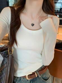 Kaos Lengan Panjang Musim Gugur, Atasan Putih Serbaguna dengan Kerah U Besar, Kemeja Dalaman Warna Polos yang Melangsingkan untuk Wanita Kasual - Putih - View 4