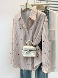 Plus Size Women's Heart Print Striped Polo Shirt - Casual Long Sleeve Blouse For Daily Wear, Spring Summer Fall Vacation