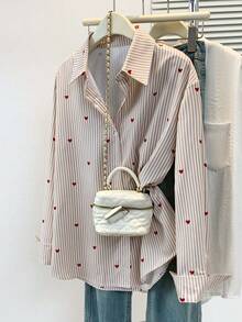Plus Size Women's Heart Print Striped Polo Shirt - Casual Long Sleeve Blouse For Daily Wear, Spring Summer Fall Vacation
