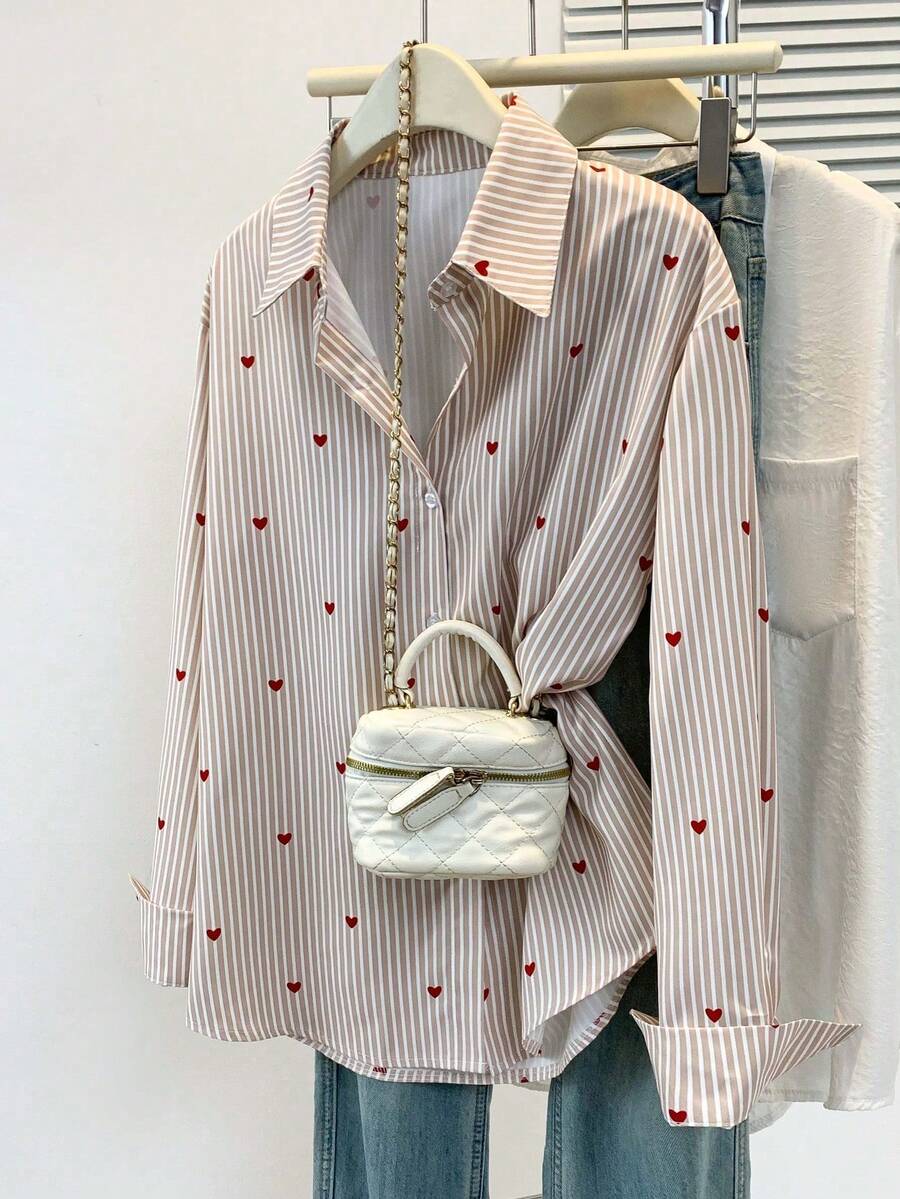 Plus Size Women's Heart Print Striped Polo Shirt - Casual Long Sleeve Blouse For Daily Wear, Spring Summer Fall Vacation