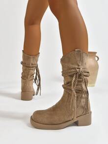 Ghete retro pentru femei cu toc înalt, material tip piele întoarsă, design cu șnur, ghete casual la modă, confortabile și versatile - Kaki - Vizualizare 5