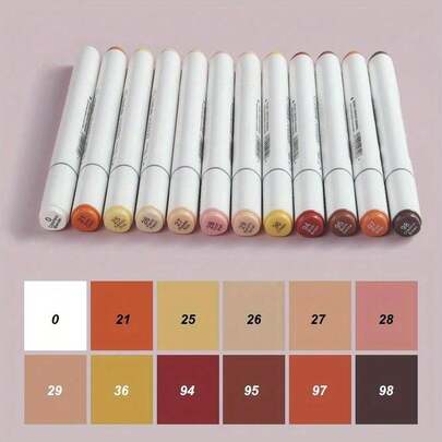 12/24 Colors Dual Tip Marker Pens Set - Vibrant Skin Tone Colors, Suitable For Art Creation - Fine And Broad Tips, Ideal For School, Office, Illustration, Sketching, Wood, Glass, Fabric, Rock Painting