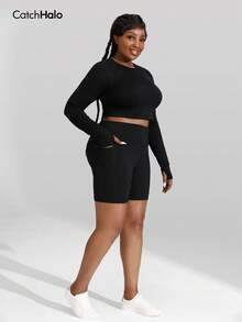 Plus Size High Waist Cropped Sports Top - Round Neck, Cloud-Soft 4-Way Stretch Fabric, Shaping Waist, Breathable & Non-Restrictive, Suitable For Autumn/Winter Fitness, Yoga, Casual Wear, Women's Sports T-Shirt, Slim Fit, Full Size Range - Black - View 7
