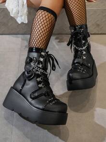 Damskie buty sportowe jesień i zima 2025 w stylu punk z grubym dnem i okrągłym noskiem, zapinane na zamek błyskawiczny z boku, czarne, brzoskwiniowe, serduszko, damskie, wysokiej jakości, lekkie, antypoślizgowe, miękkie i wygodne, podwyższone buty robocze, damskie, poliuretanowe, zintegrowane, smukłe, podwyższone buty, Halloween, studentki muszą podwyższyć smukłe, uniwersalne buty do uprawiania sportów na świeżym powietrzu, buty zimowe, czarne buty na obcasie, czarne buty na obcasie dla kobiet, brązowe buty świąteczne - Czarne - Zobacz 11