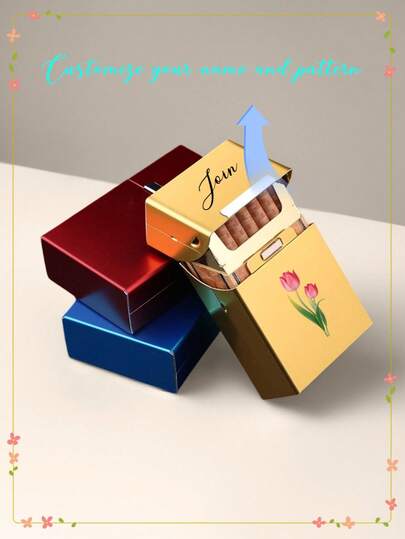 1pc Customized Portable Flip-Top Metal Cigarette Case, Unisex, Crush-Resistant, Moisture-Proof, Magnetic Flip Cover, Aluminum Alloy Cigarette Storage Box. Holds 20 Cigarettes, Customized With Your Personal Text And Floral Patterns, Quality, Modern, Fashionable, Portable And Practical Box. Great Gift For Friends, Siblings, Girlfriends, Fathers, Husbands, Boyfriends, Perfect For Birthdays, Anniversaries, Holidays