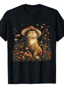 Men'S Dark Cottagecore Aesthetic Cat & Mushroom Graphic T-Shirt - Soft Cotton, Crew Neck, Short Sleeve, Casual Outdoor & Casual Attire, Spring/Summer/Fall, Cat Tshirt - Black - View 1