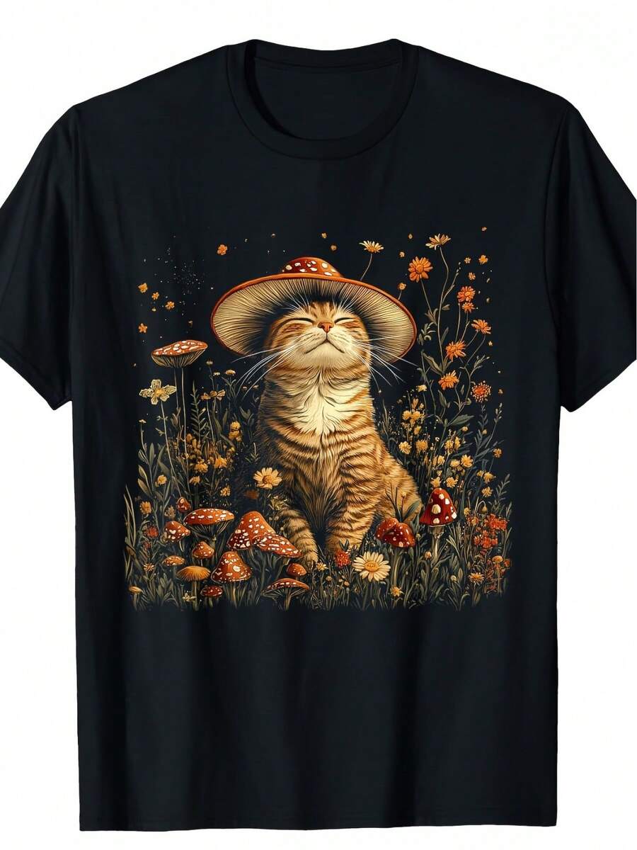 Men'S Dark Cottagecore Aesthetic Cat & Mushroom Graphic T-Shirt - Soft Cotton, Crew Neck, Short Sleeve, Casual Outdoor & Casual Attire, Spring/Summer/Fall, Cat Tshirt - Black - View 1
