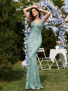 BluePlum High-Quality Stretchy Sequin V-Neck Short Sleeve Dress, Fish Tail Hem Design, Solid Color Elegant Luxury Dress, Showcasing Youthful Feminine Charm, Suitable For Parties, Graduations, Weddings, Events, Galas And Formal Occasions - 薄荷綠 - 查看 4