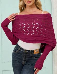 Knitted Wrap, Scarf Women, Hollow Out Crochet Shrugs, 2024 Knit Sweater Scarf With Sleeves - 玫紅色 - 查看 3
