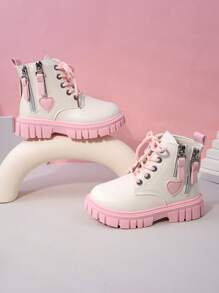 儿童短靴，新款秋冬女童靴，休闲童鞋，中帮系带侧拉链踝靴，粉色 - 粉色 - 查看 3